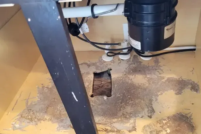Sink cabinet floor with an access hole cut below the plumbing